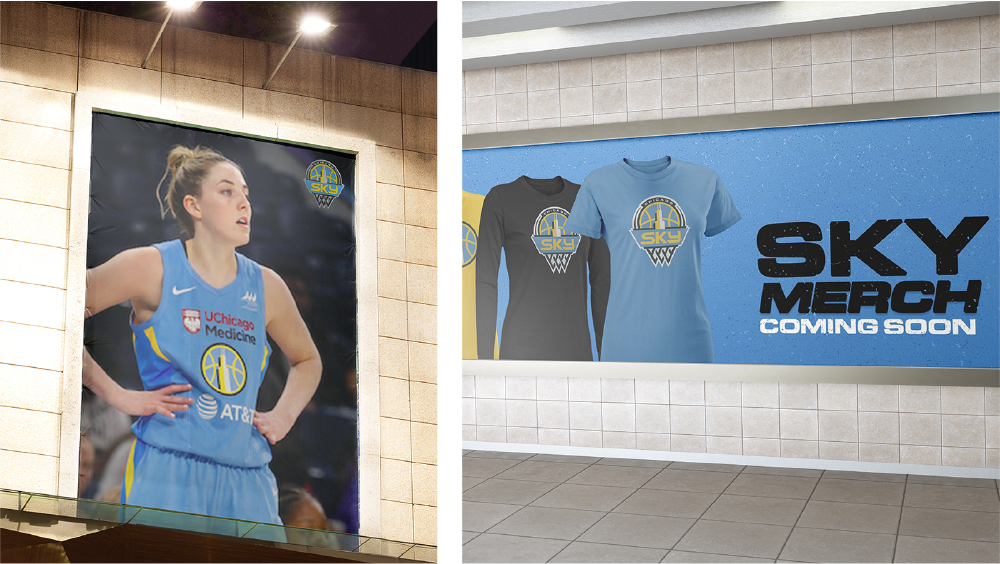 Posters for Chicago Sky showing off the new logo and merchandise.