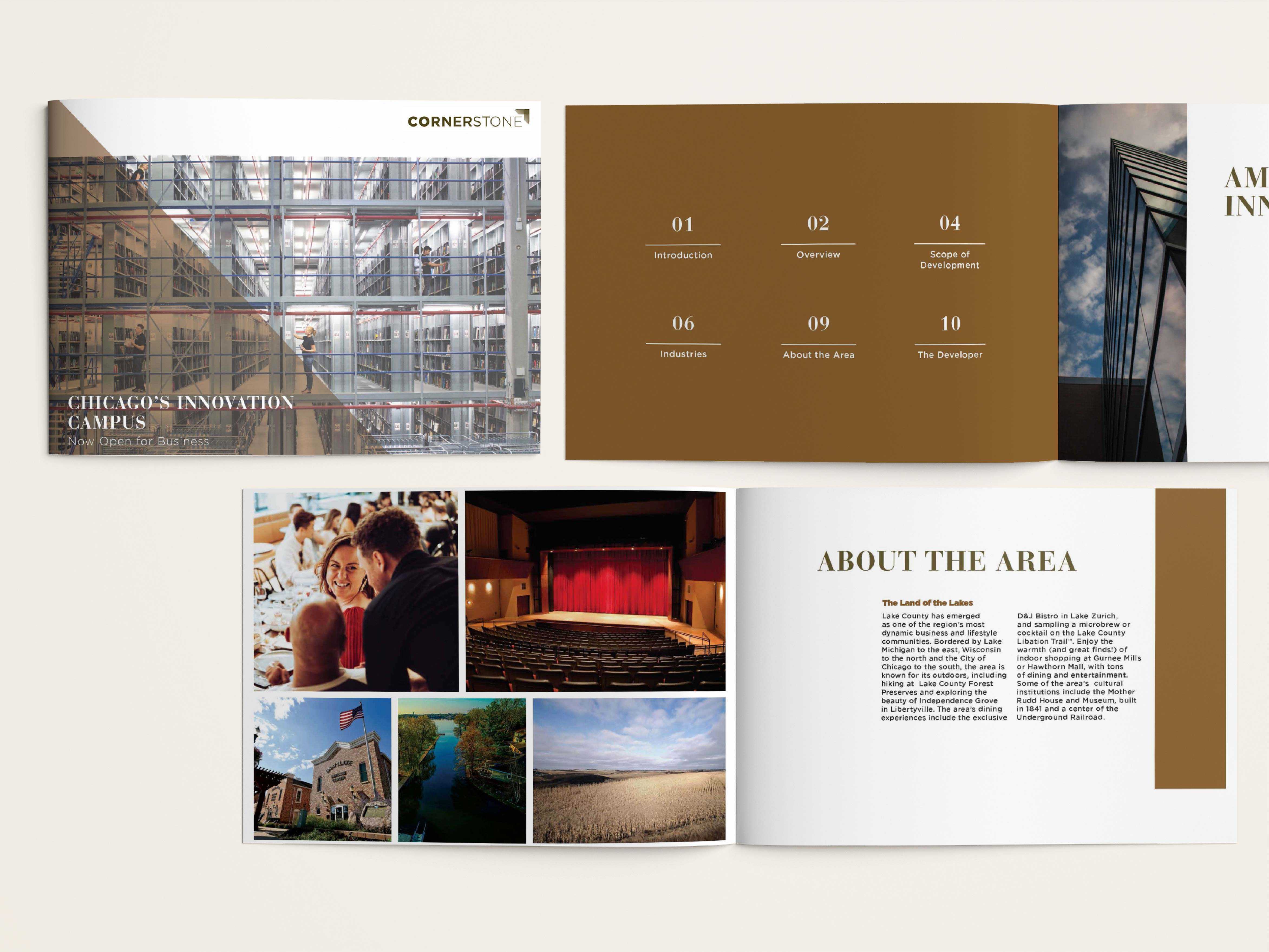 Cover and pages of the Cornerstone brochure.