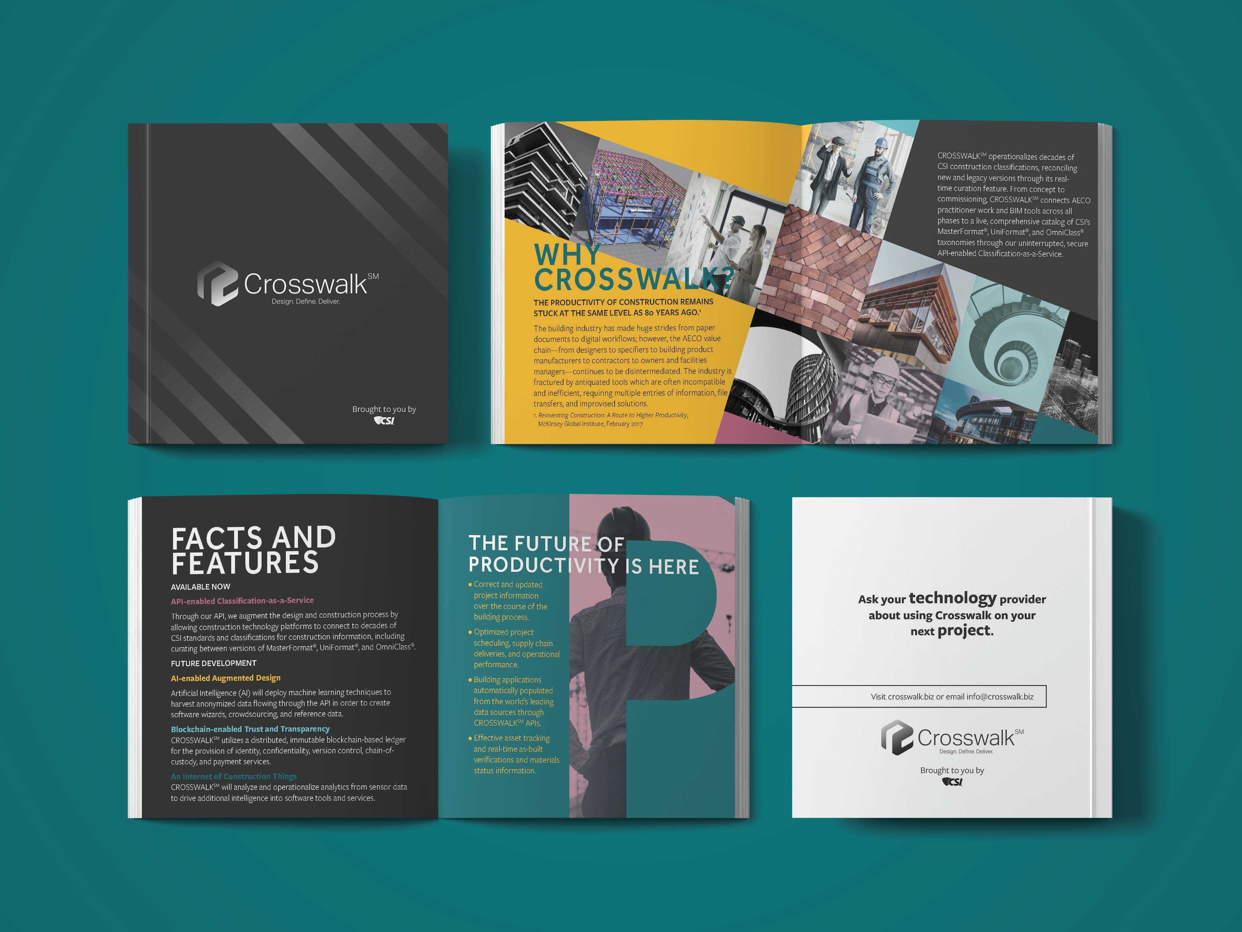The cover and pages of the whimsical art deco Crosswalk brochure.