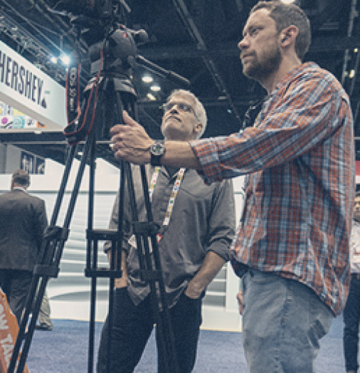 Michael Lahey looking at camera work.