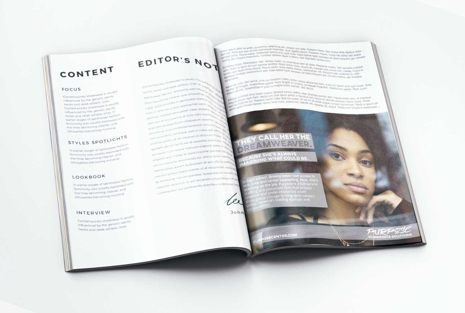 An ad campaign for Purpose in a magazine.