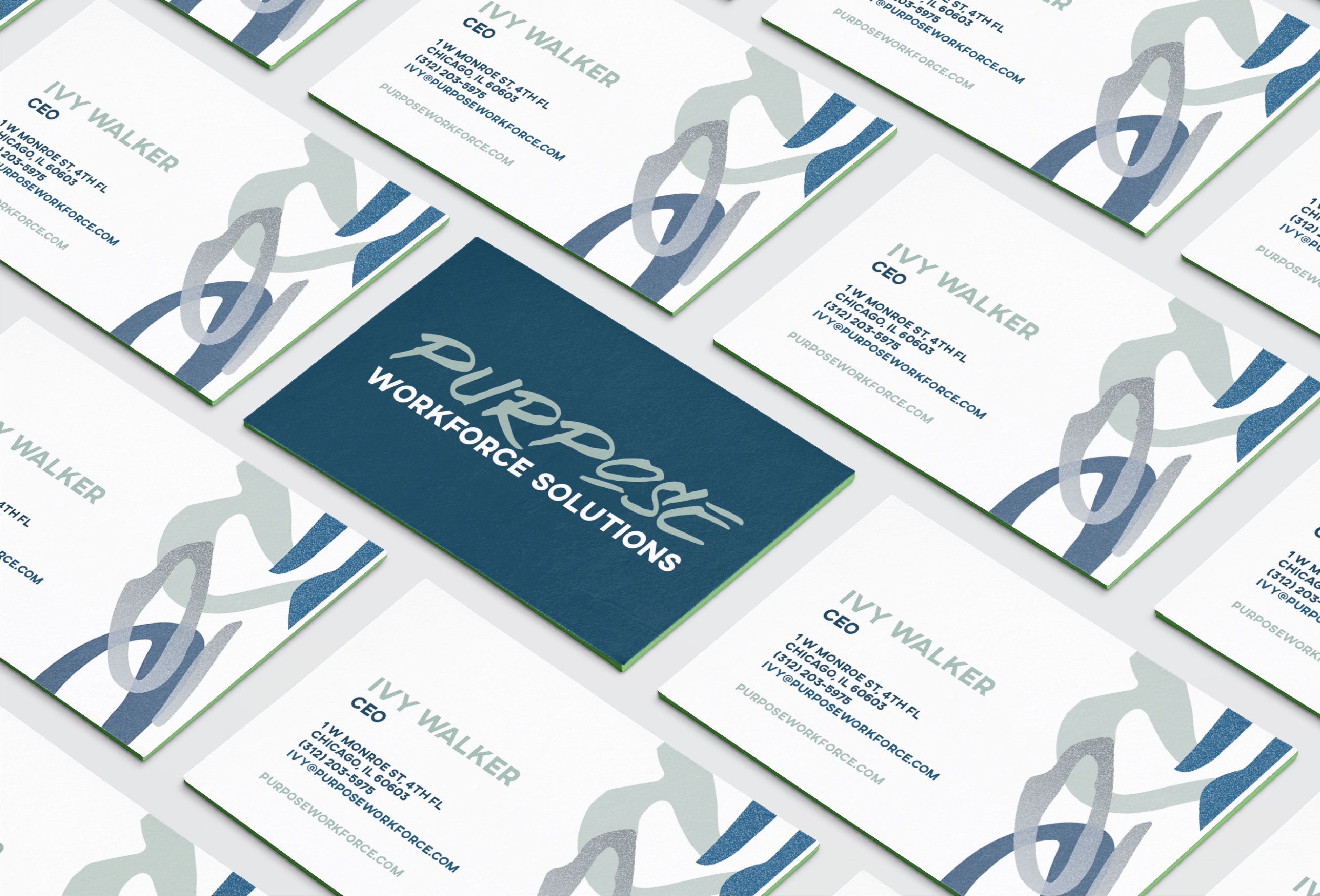The front and back of a Purpose business card.