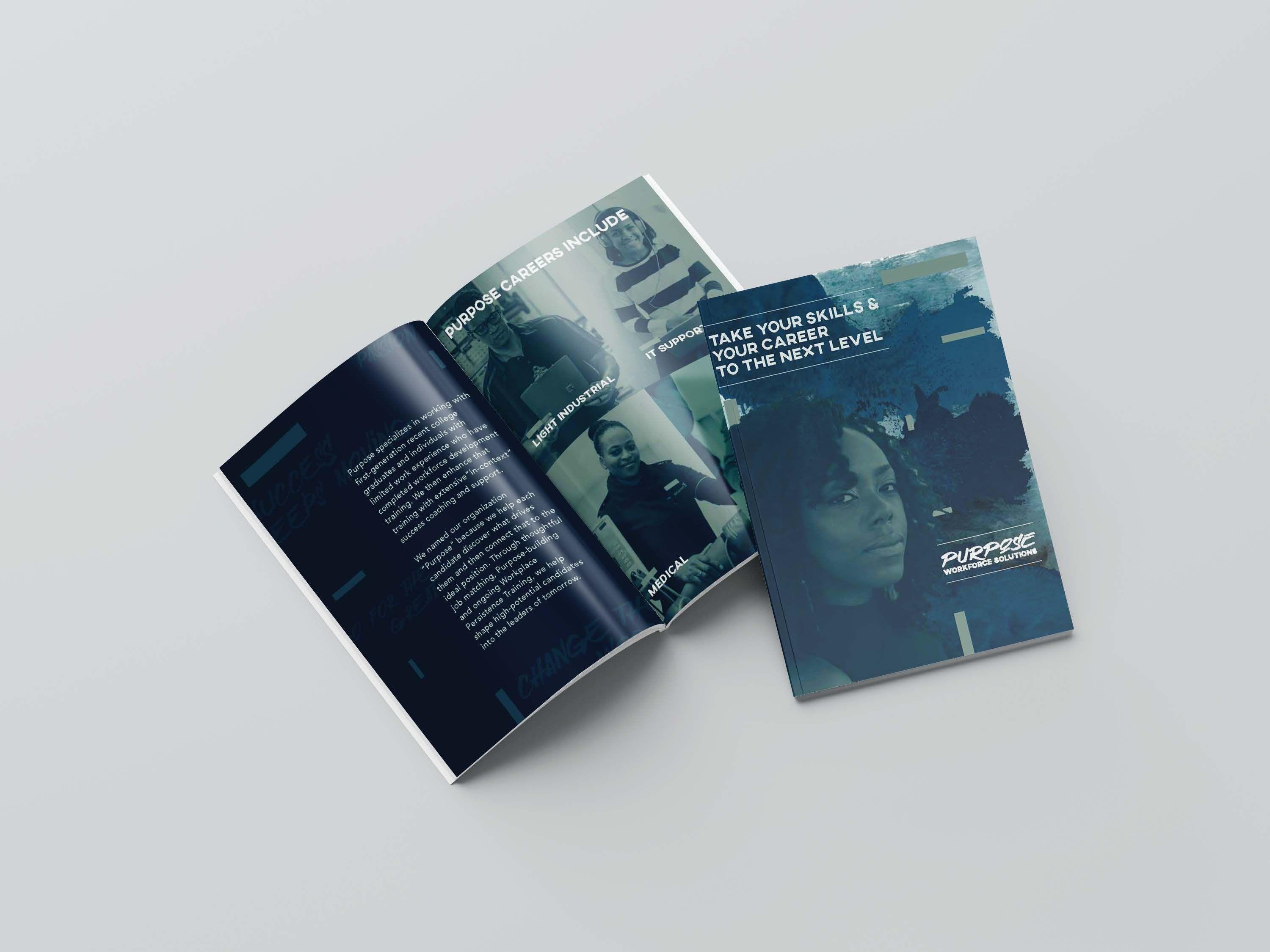 The cover and pages of the Purpose brochure.