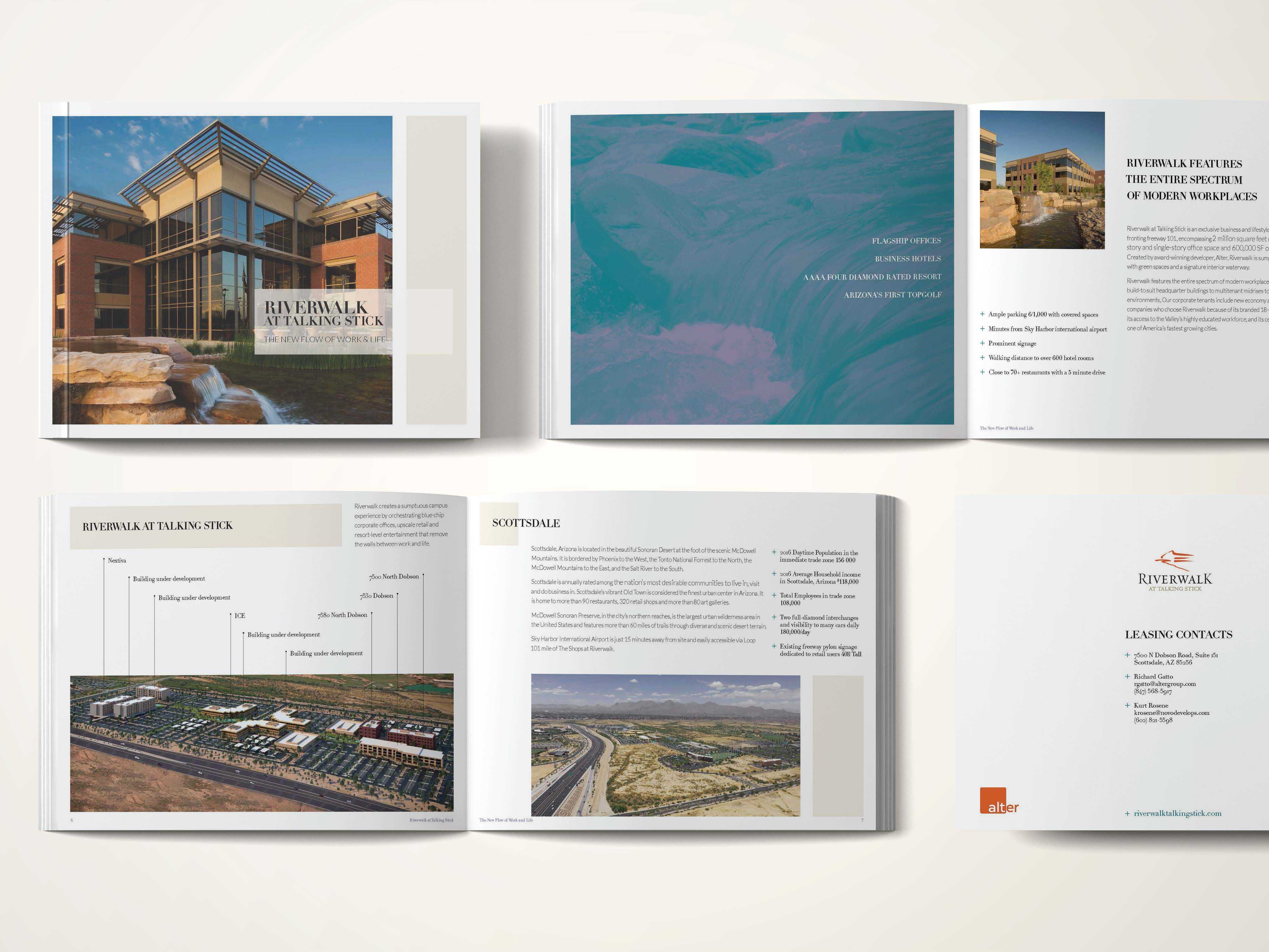 The cover and pages of the Riverwalk brochure.